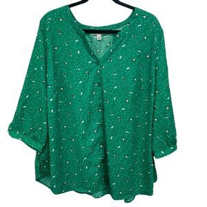 Catherines Womens Green Blouse 1X Umbrella Print 3/4 Sleeve Button-Front‎